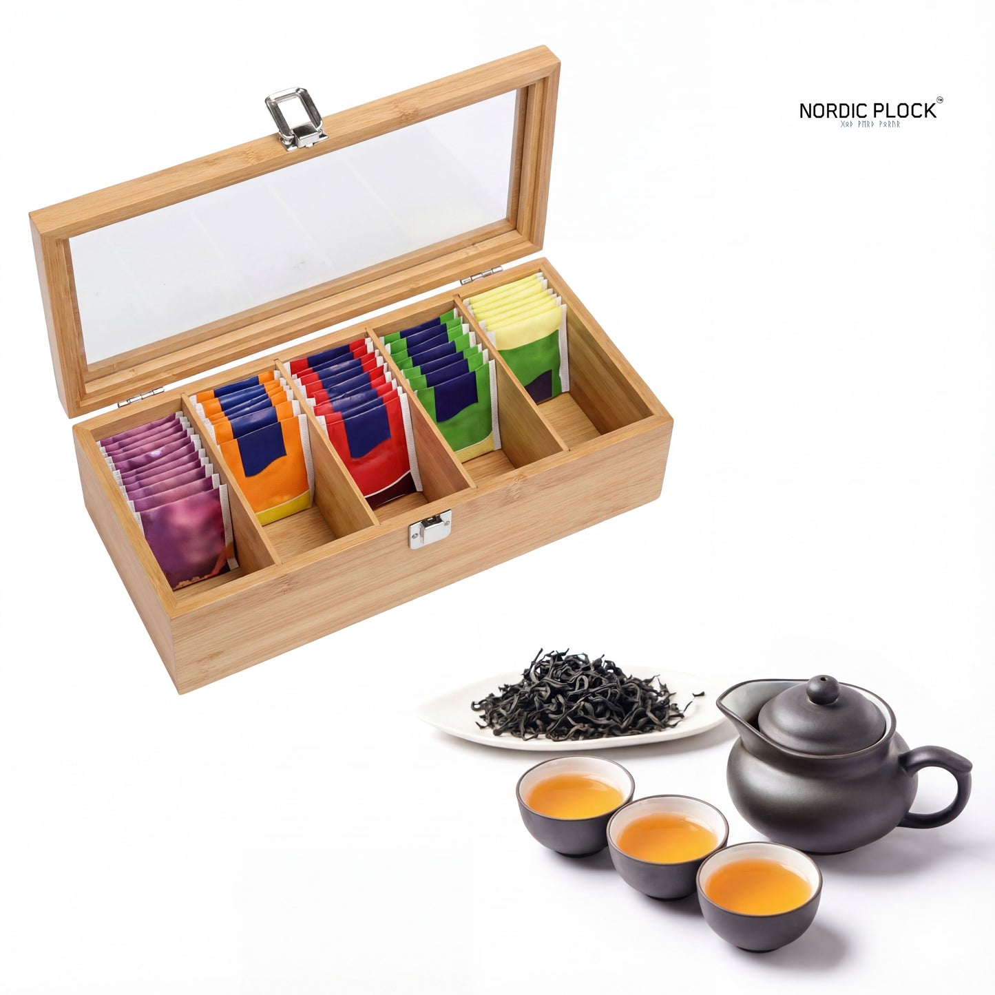 Tea Box Organizer made by bamboo woods | 5-Compartment Storage Chest with Glass Window & Latch
