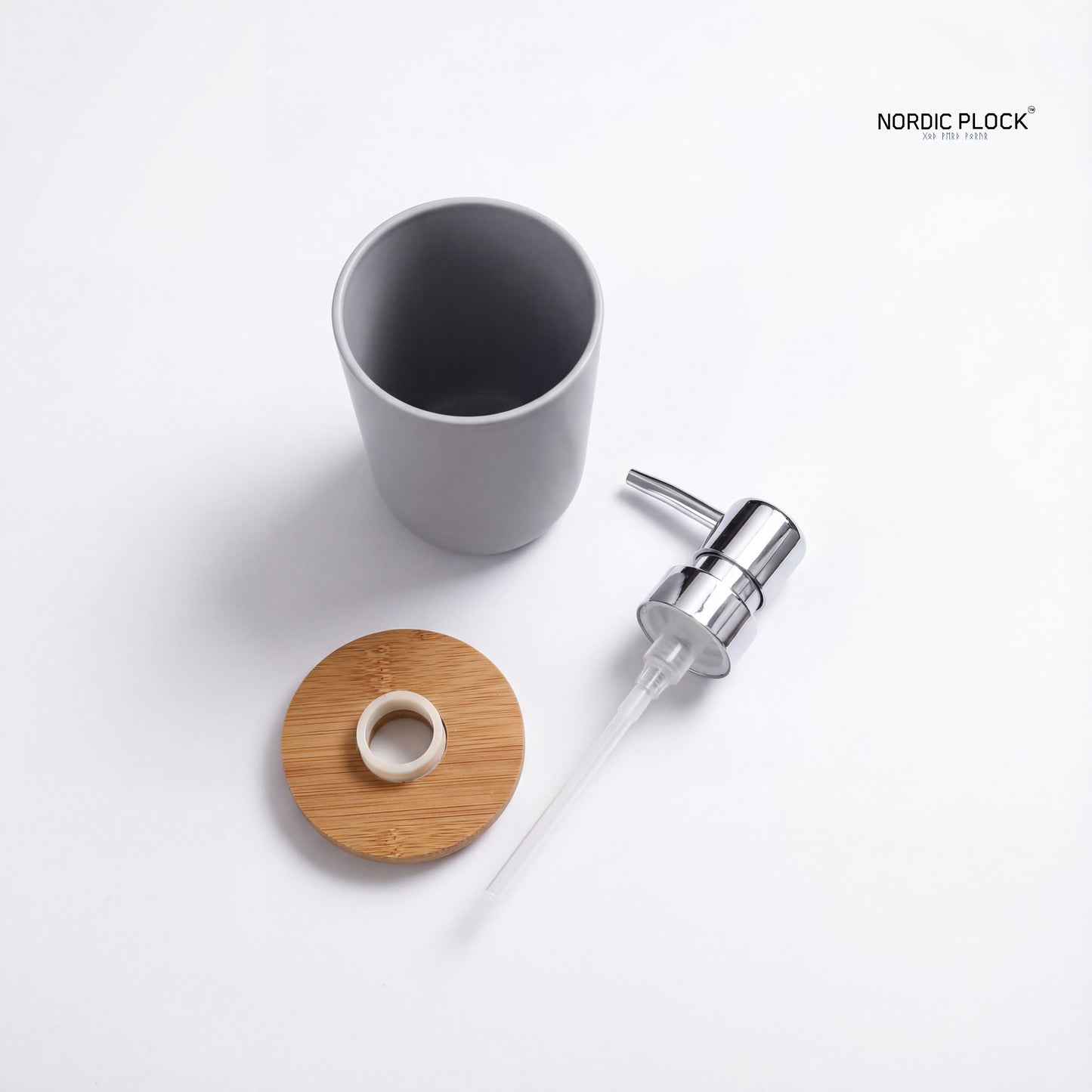 Nordic Grey Soap Dispenser with Bamboo Lid - Matte Finish 300ml - Minimalist Bathroom Organizer