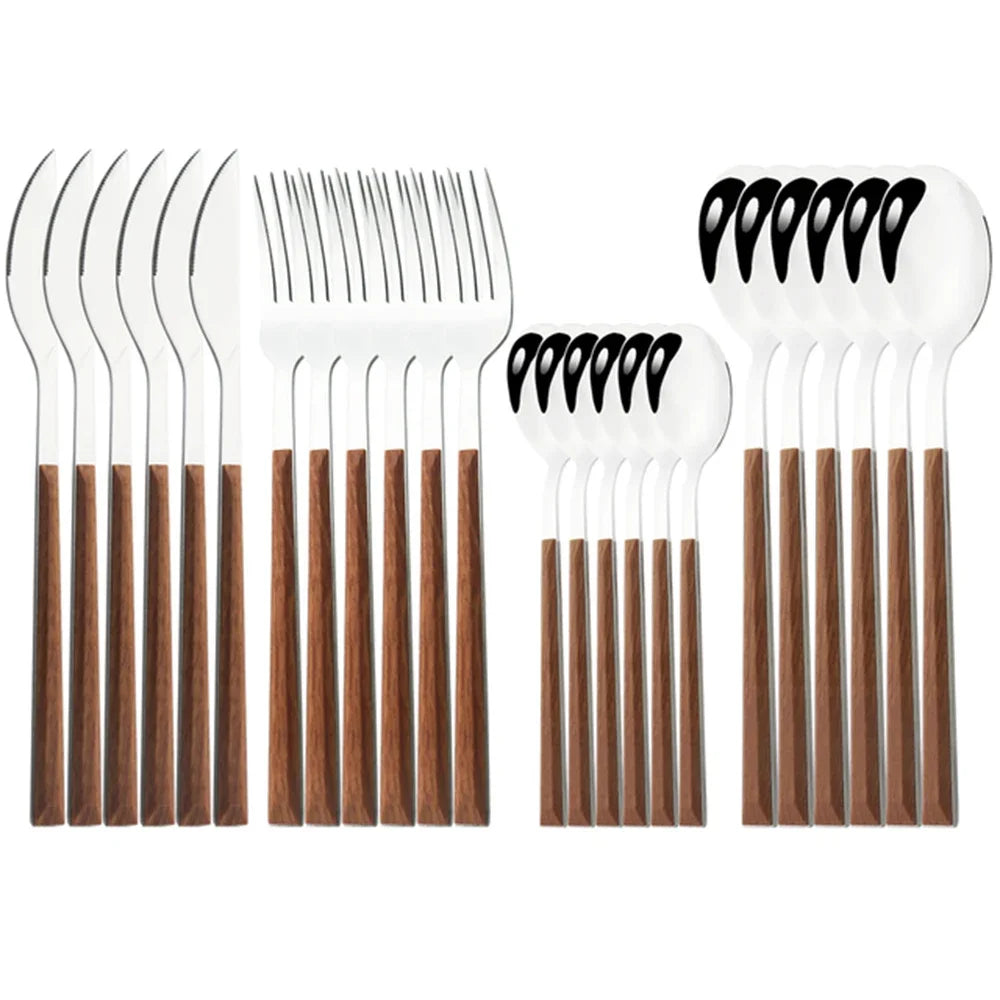 16/24/30 Piece Stainless Steel Cutlery Set with Imitation Wooden Handle – Modern Western Dinnerware, Knives, Forks, Tea Spoons & Tableware Clamp