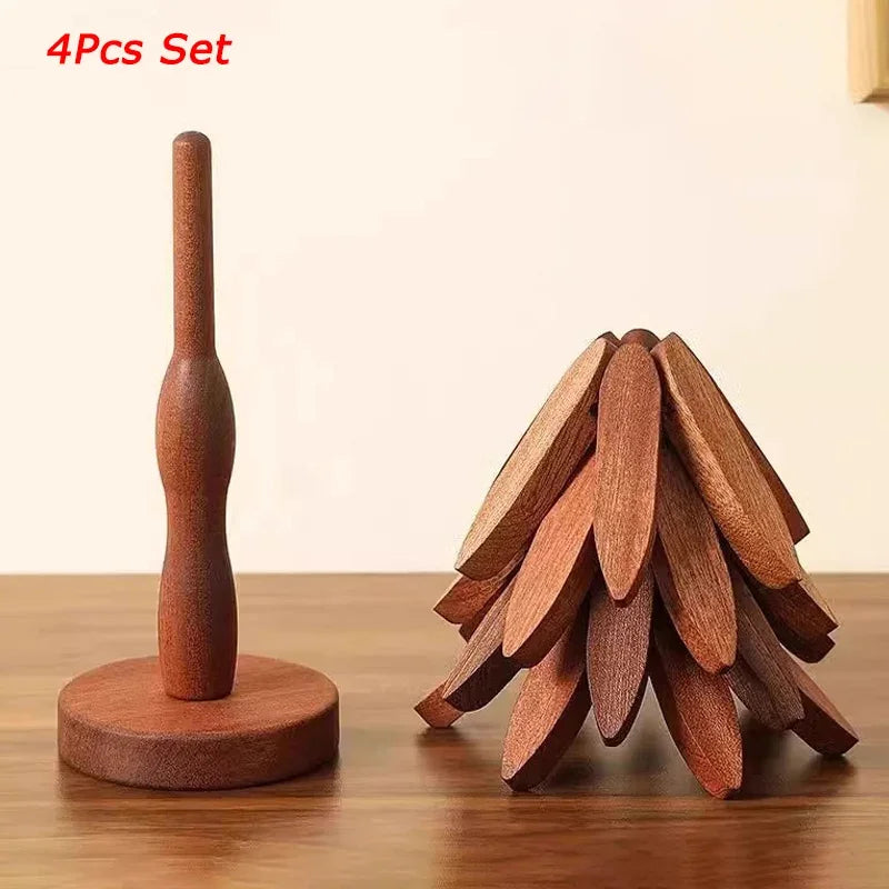 3/4/5PCS Tree Design Stand Nordic Walnut Tree Trivet Set | Foldable Wooden Coasters & Heat Resistant Pot Holder Stand