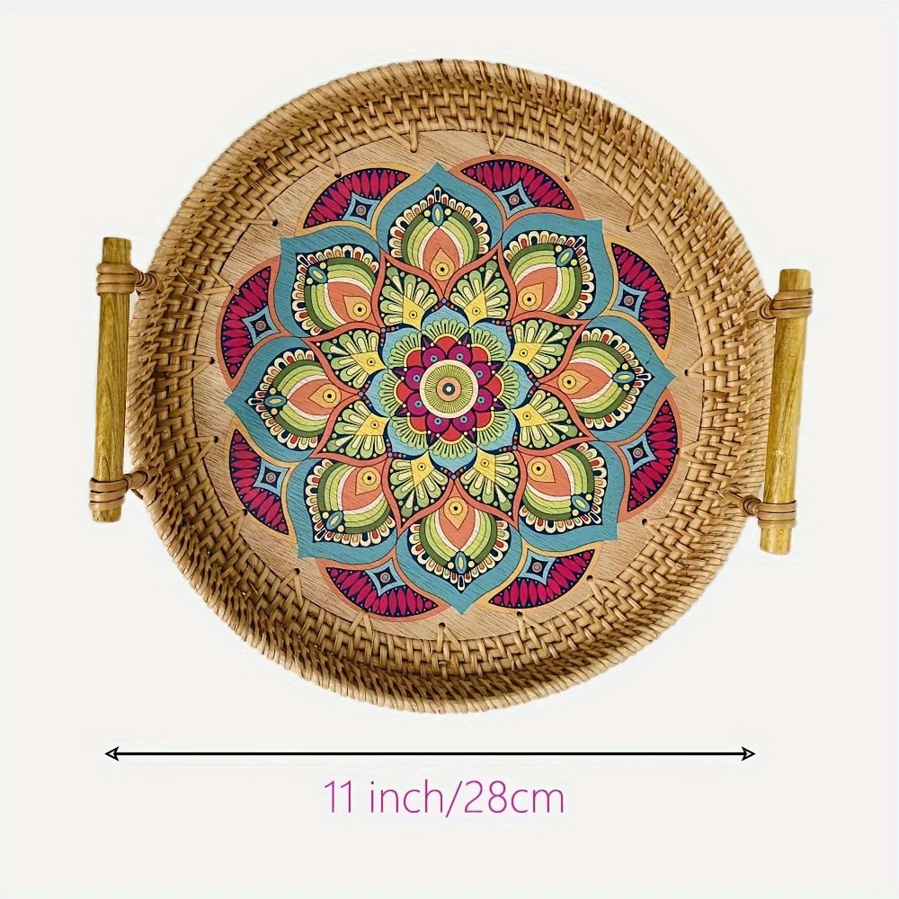 Handwoven Rattan Serving Tray with Mandala Base - Boho Round Basket with Handles