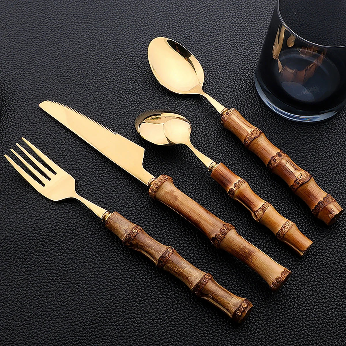 16Pcs Nature Bamboo Handle Cutlery Stainless Steel Dinnerware Sets Knife Fork Spoon Purely Natural Bamboo Tableware Set
