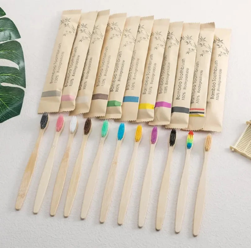 Single Cowhide Wrapped Bamboo Toothbrush Set, Natural and Environmentally Friendly; One Box of 10 Pieces