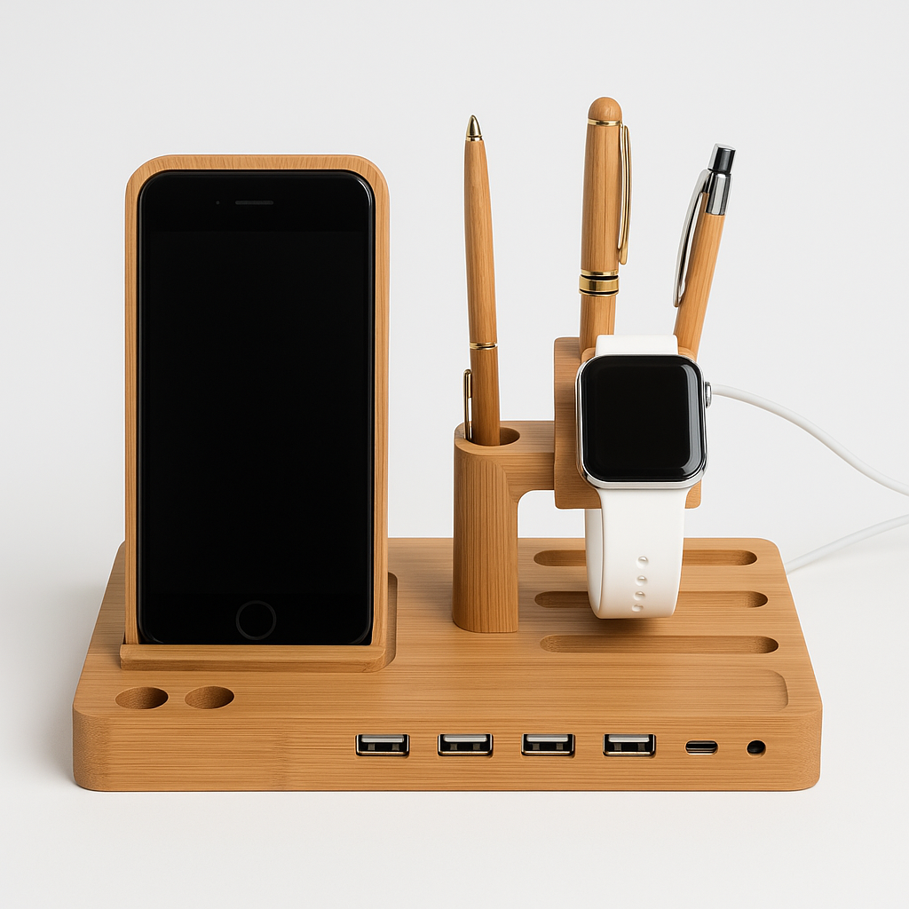 Compatible Apple Watch Charging Stand - Bamboo Wood Multi-Device Organizer