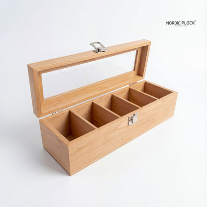 Tea Box Organizer made by bamboo woods | 5-Compartment Storage Chest with Glass Window & Latch