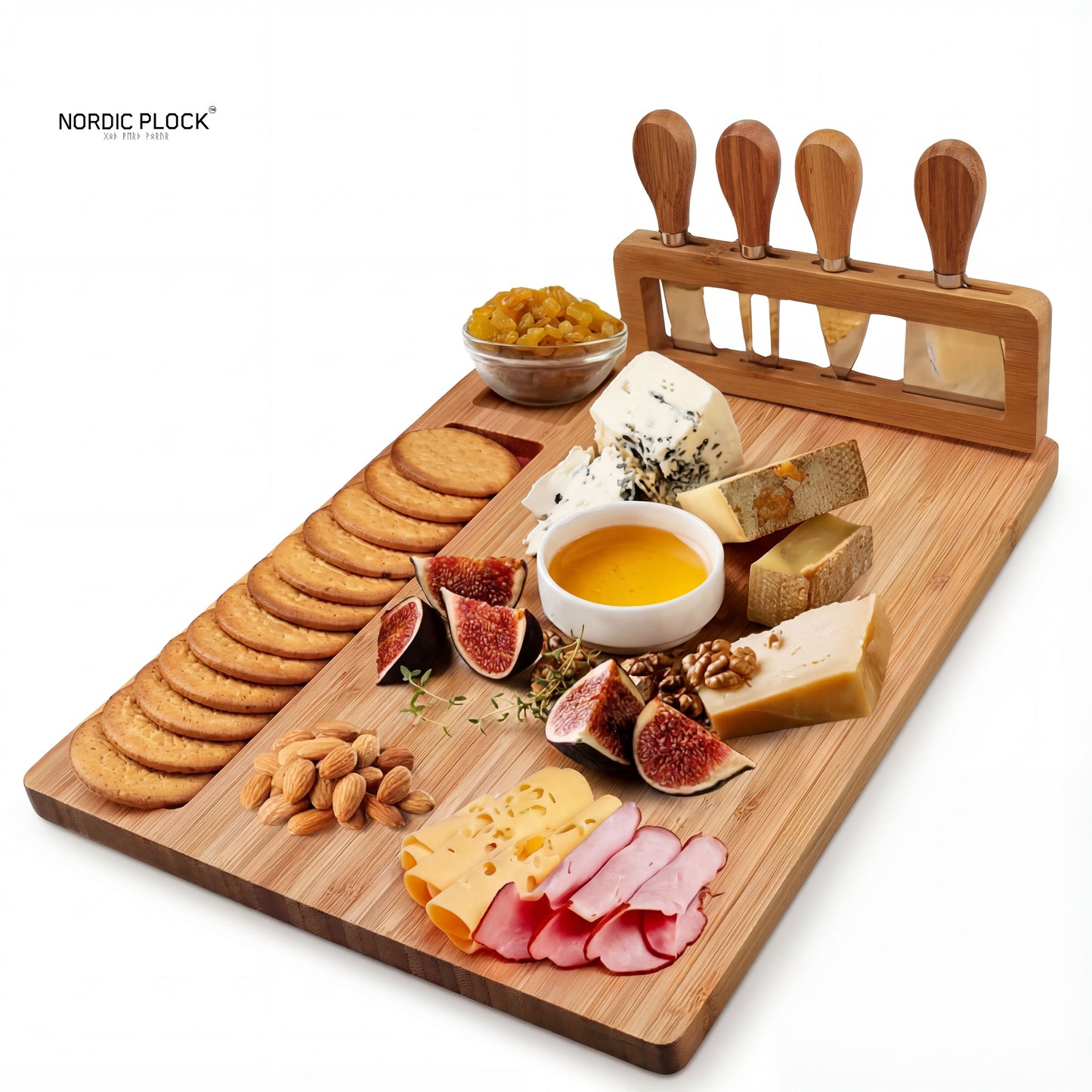 Bamboo Cheese Board Set & Knife Stand - 4 Stainless Steel Serving Tools - Large Charcuterie Platter with Cracker Groove - Eco-Friendly Hosting Essential