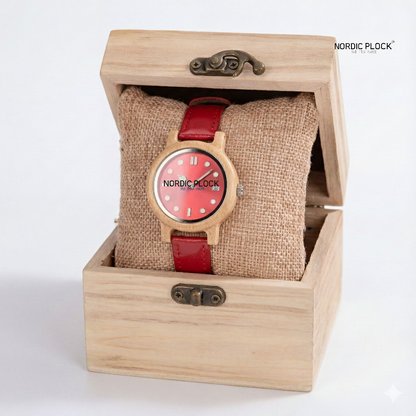 Women's Bamboo Wooden Watch - Red/Blue Dial & Leather Strap - Lightweight Quartz Date Display with Gift Box
