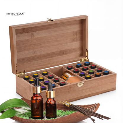 Bamboo Essential Oil Storage Box (25 Slots) - Fits 5ml-15ml Bottles & Base Oil - Aromatherapy Organizer Case