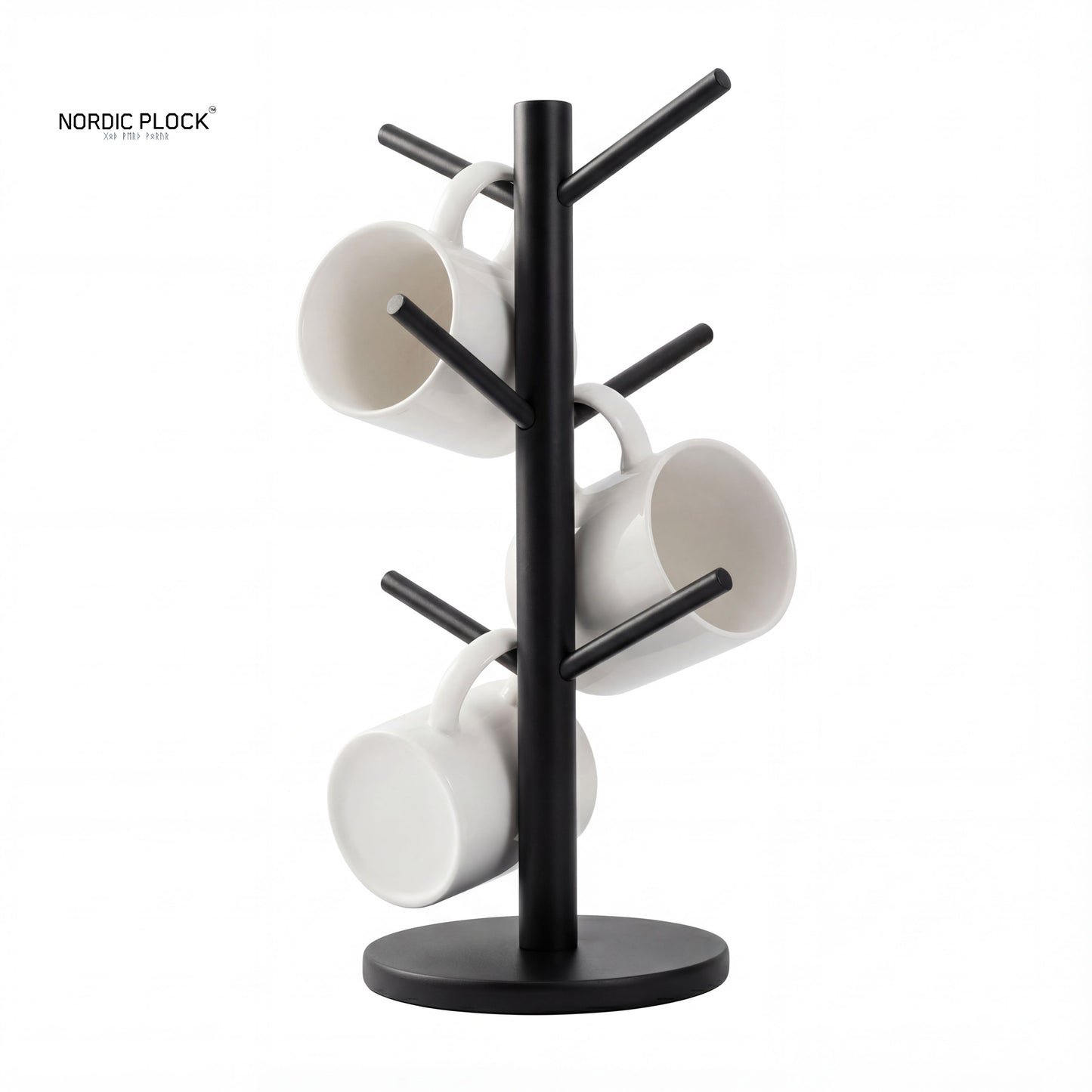 Nordic Bamboo Mug Tree | 6-Hook Eco-Friendly Coffee Cup Stand & Kitchen Counter Organizer | Thick Round Base