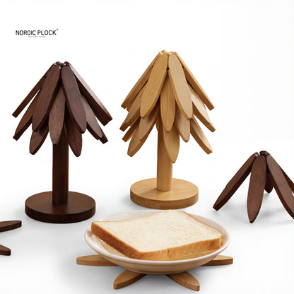 3/4/5PCS Tree Design Stand Nordic Walnut Tree Trivet Set | Foldable Wooden Coasters & Heat Resistant Pot Holder Stand