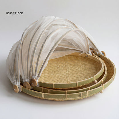 Hand-Woven Bamboo Food Serving Tent Basket with Retractable Mesh Cover (30cm) - Anti-Fly Fruit & Bread Storage