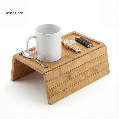 Bamboo Sofa Armrest Tray Organizer - Flexible Couch Table with Phone Holder & Side Pocket