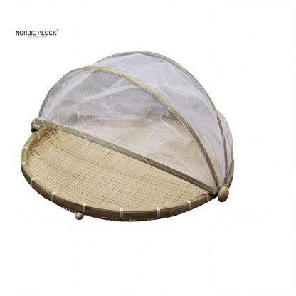 Hand-Woven Bamboo Food Serving Tent Basket with Retractable Mesh Cover (30cm) - Anti-Fly Fruit & Bread Storage