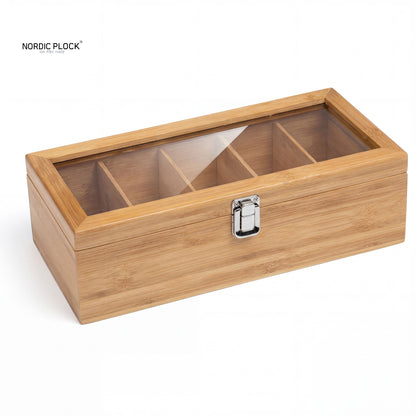 Tea Box Organizer made by bamboo woods | 5-Compartment Storage Chest with Glass Window & Latch