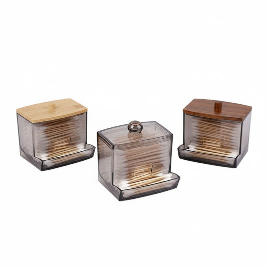 Acrylic Q-Tip Dispenser with Bamboo Lid - Automatic Gravity Drop Cotton Swab Organizer & Storage Box