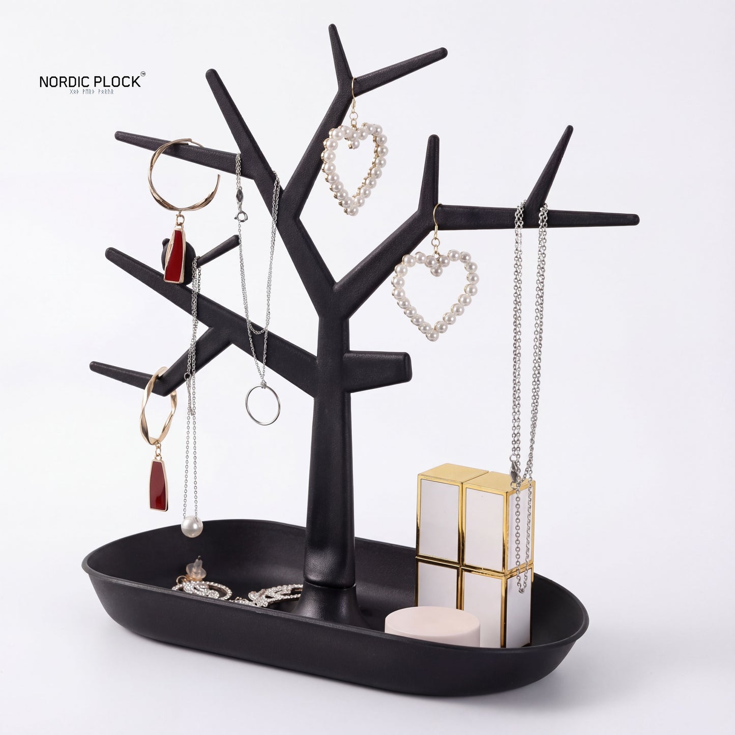 Nordic Tree Jewelry Stand - Black Minimalist Necklace & Earring Organizer Tray