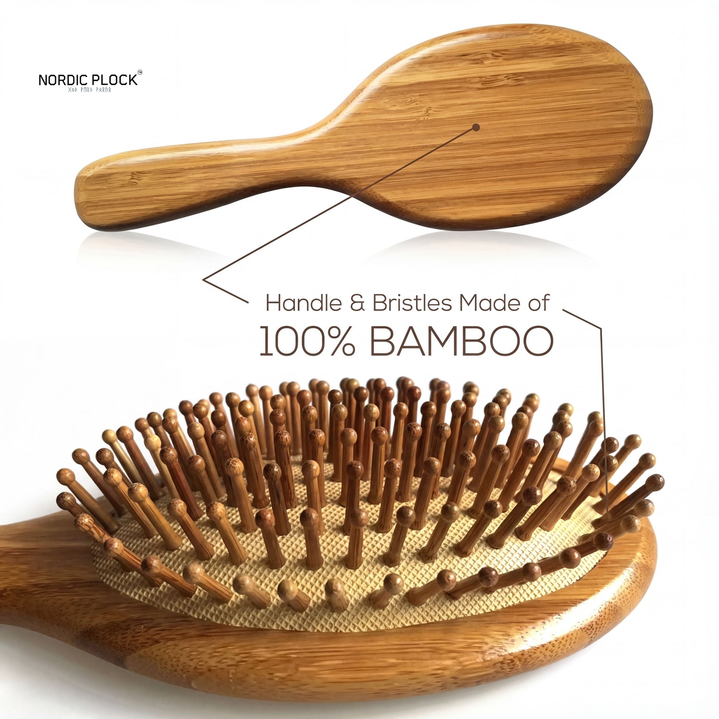 Natural Bamboo Hair Brush - 100% Wooden Bristles & Handle - Anti-Static Scalp Massage - Eco-Friendly Oval Detangler