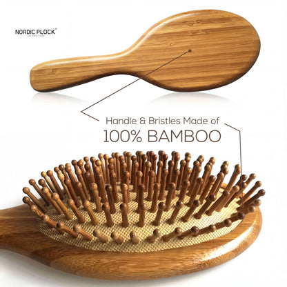 Natural Bamboo Hair Brush - 100% Wooden Bristles & Handle - Anti-Static Scalp Massage - Eco-Friendly Oval Detangler