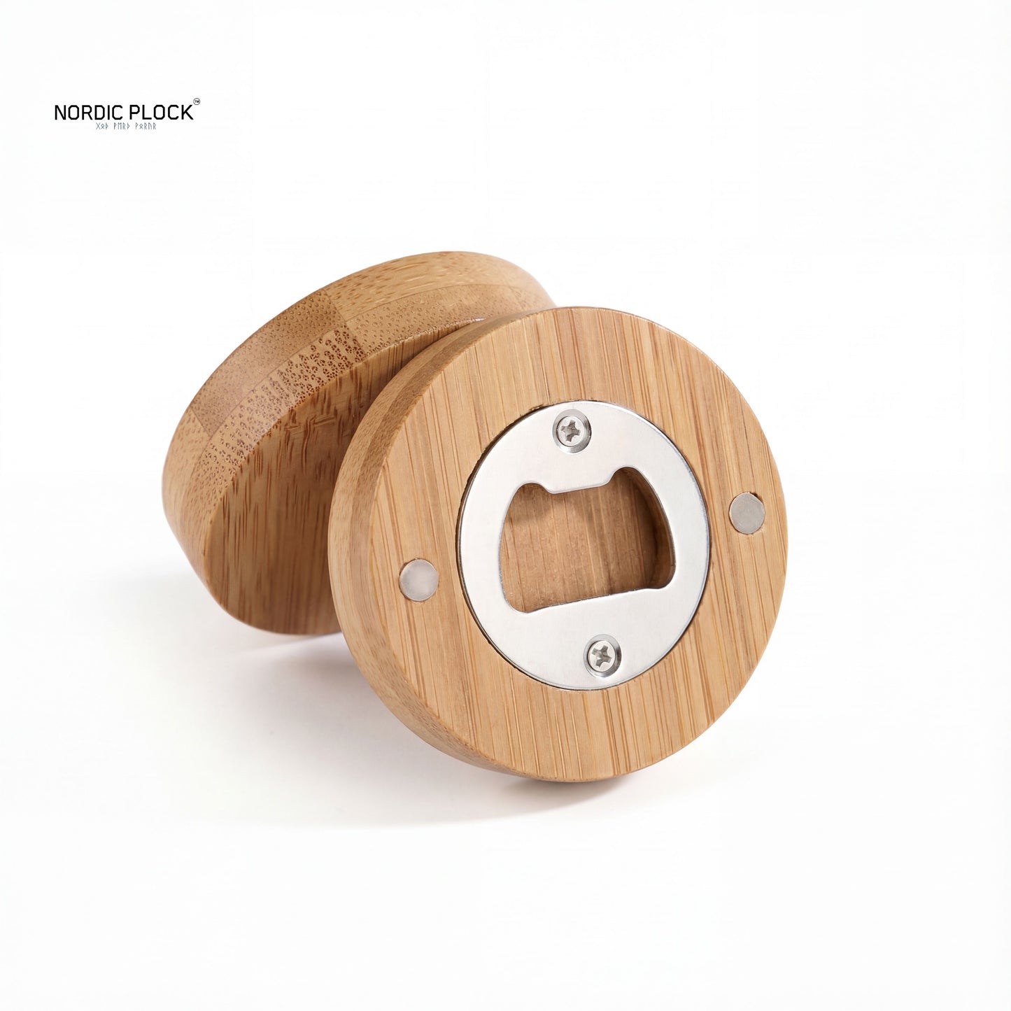 Magnetic Wood Bottle Opener & Fridge Magnet - Eco-Friendly Round Bamboo Cap Catcher - 6.5cm