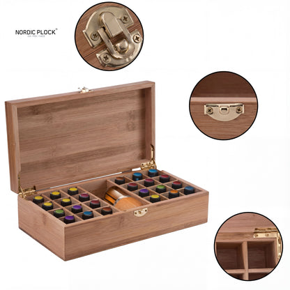 Bamboo Essential Oil Storage Box (25 Slots) - Fits 5ml-15ml Bottles & Base Oil - Aromatherapy Organizer Case