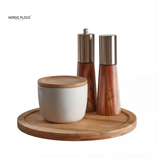 Bamboo Lazy Nordic Plock Turntable with Raised Rim - 360° Rotating Kitchen Organizer & Serving Tray