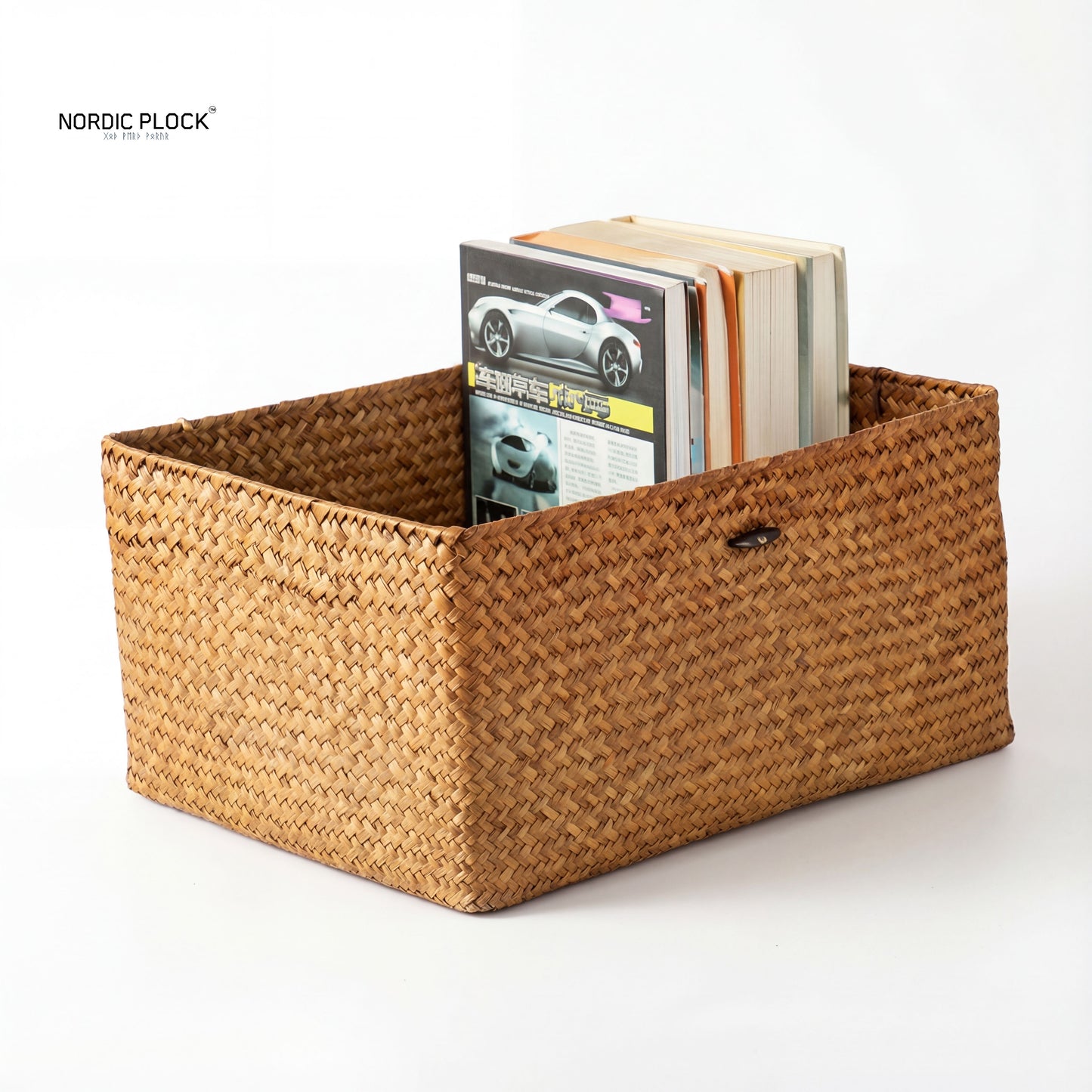 Handwoven Seagrass Storage Basket with Lid, Rectangular (Natural Brown) - Rustic Home Organizer Box