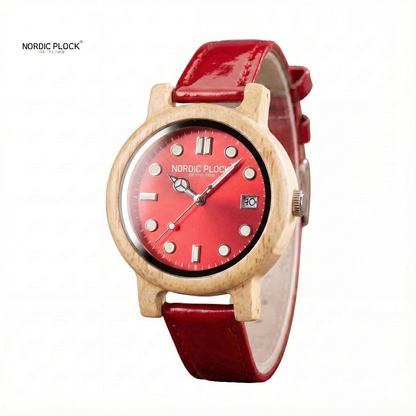 Women's Bamboo Wooden Watch - Red/Blue Dial & Leather Strap - Lightweight Quartz Date Display with Gift Box