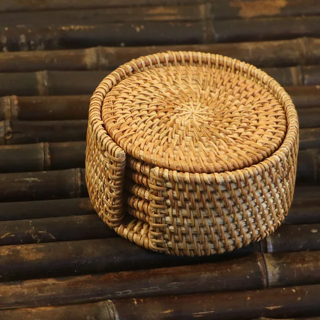 3/6 Pcs Rattan Weave Drink Coasters – Round Heat Insulation Cup Mats, Tea Accessories Tableware Set 8cm