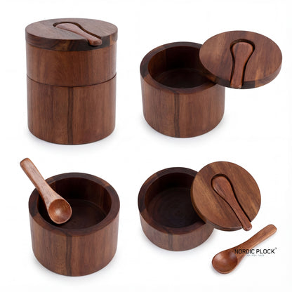 Acacia Wood Double-Layer Salt Box with Spoon - Magnetic Swivel Lid Spice Cellar