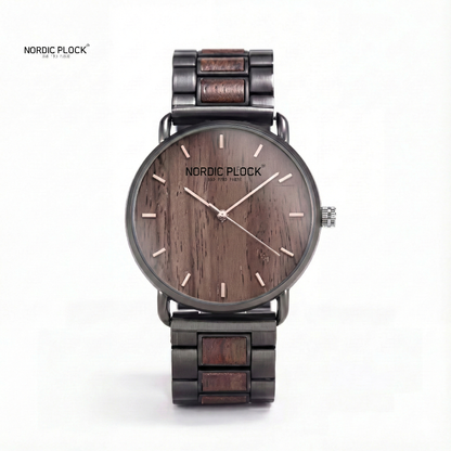 Wooden Watch for man - Zebrawood & Black Stainless Steel - Minimalist Analog Quartz