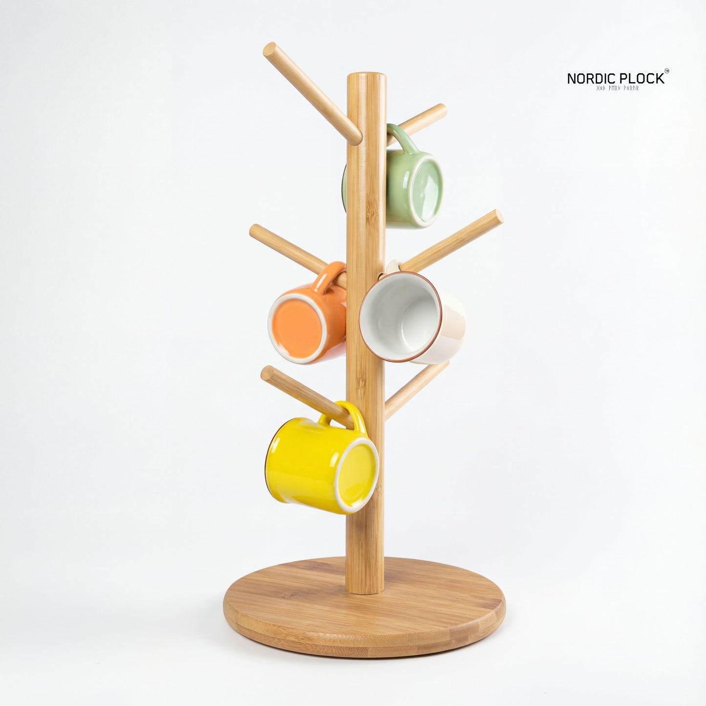 Nordic Bamboo Mug Tree | 6-Hook Eco-Friendly Coffee Cup Stand & Kitchen Counter Organizer | Thick Round Base
