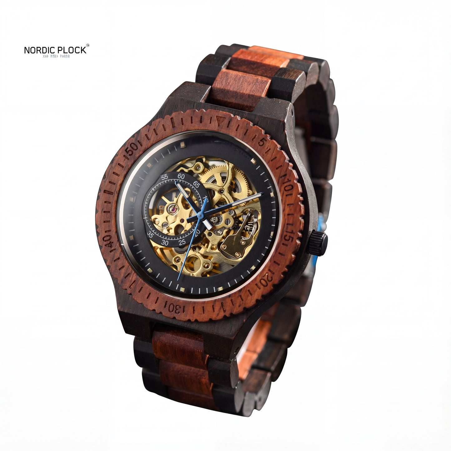 Mechanical Wood Watch | Automatic Skeleton Dial | Custom Engraved Side Plate | Ebony & Red Sandalwood | Nordic Plock