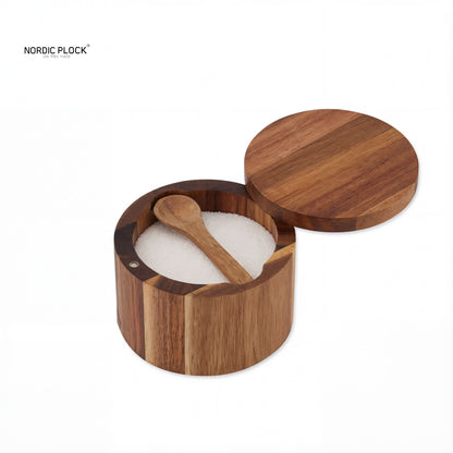 Acacia Wood Double-Layer Salt Box with Spoon - Magnetic Swivel Lid Spice Cellar