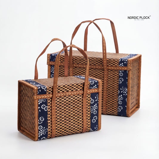 Handmade Bamboo Woven Picnic Bag - Vintage Blue Floral Storage Basket for Tea Sets & Outings