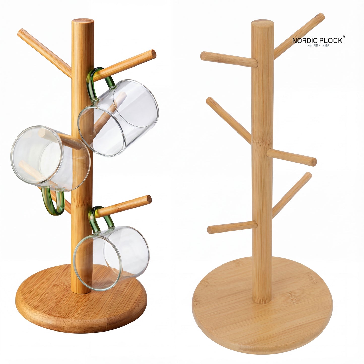 Nordic Bamboo Mug Tree | 6-Hook Eco-Friendly Coffee Cup Stand & Kitchen Counter Organizer | Thick Round Base