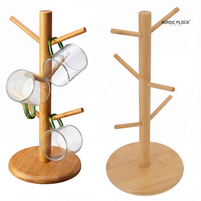 Nordic Bamboo Mug Tree | 6-Hook Eco-Friendly Coffee Cup Stand & Kitchen Counter Organizer | Thick Round Base