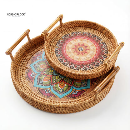 Handwoven Rattan Serving Tray with Mandala Base - Boho Round Basket with Handles