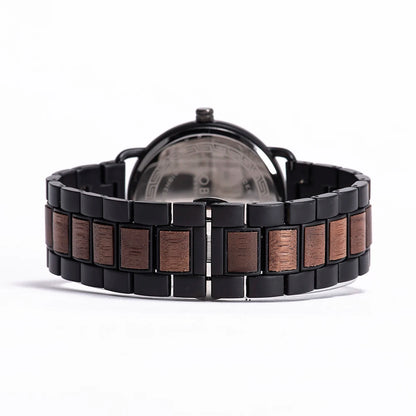 Wooden Watch for man - Zebrawood & Black Stainless Steel - Minimalist Analog Quartz