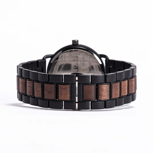 Wooden Watch for man - Zebrawood & Black Stainless Steel - Minimalist Analog Quartz