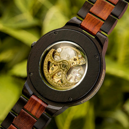 Mechanical Wood Watch | Automatic Skeleton Dial | Custom Engraved Side Plate | Ebony & Red Sandalwood | Nordic Plock
