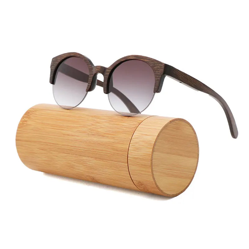 Handcrafted Walnut Wood Sunglasses - Polarized Round Semi-Rimless Vintage Eyewear
