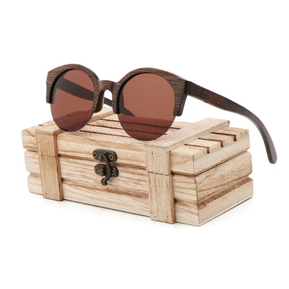 Handcrafted Walnut Wood Sunglasses - Polarized Round Semi-Rimless Vintage Eyewear