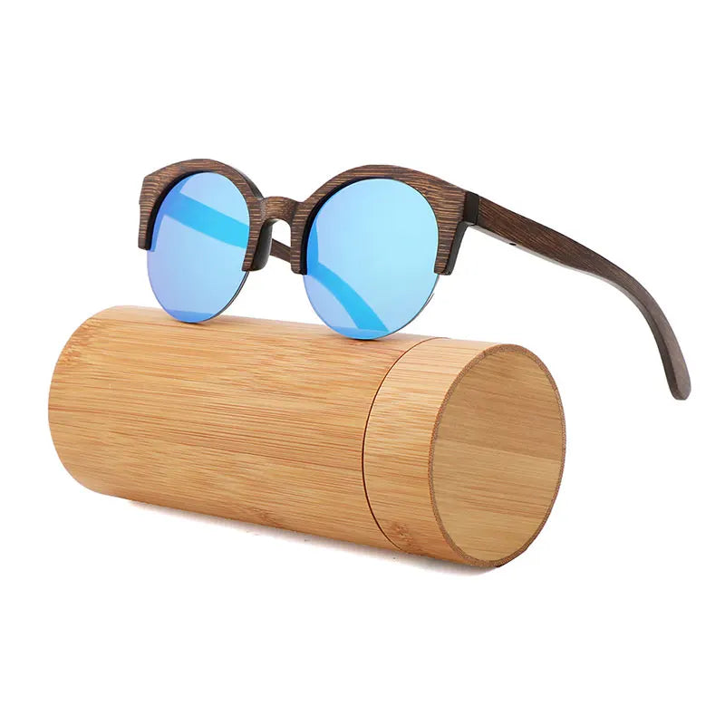 Handcrafted Walnut Wood Sunglasses - Polarized Round Semi-Rimless Vintage Eyewear