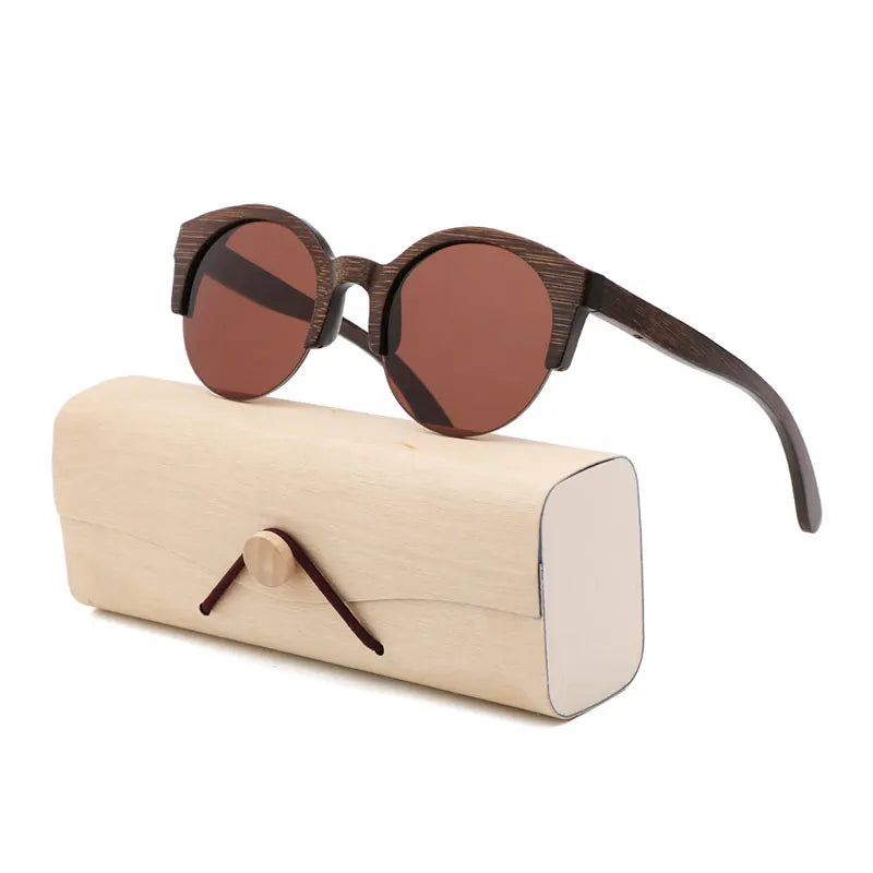 Handcrafted Walnut Wood Sunglasses - Polarized Round Semi-Rimless Vintage Eyewear
