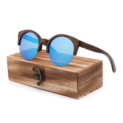 Handcrafted Walnut Wood Sunglasses - Polarized Round Semi-Rimless Vintage Eyewear