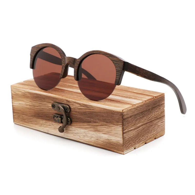 Handcrafted Walnut Wood Sunglasses - Polarized Round Semi-Rimless Vintage Eyewear