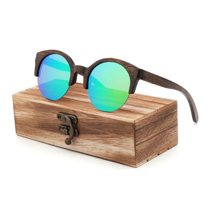 Handcrafted Walnut Wood Sunglasses - Polarized Round Semi-Rimless Vintage Eyewear