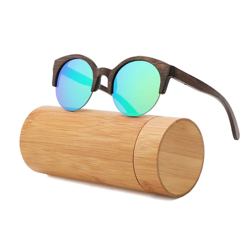 Handcrafted Walnut Wood Sunglasses - Polarized Round Semi-Rimless Vintage Eyewear