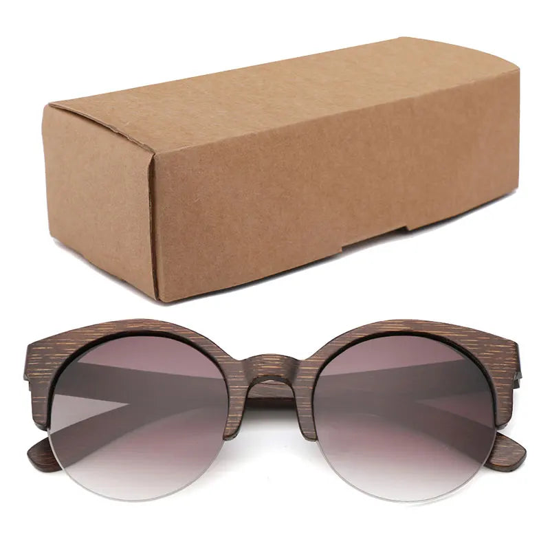 Handcrafted Walnut Wood Sunglasses - Polarized Round Semi-Rimless Vintage Eyewear
