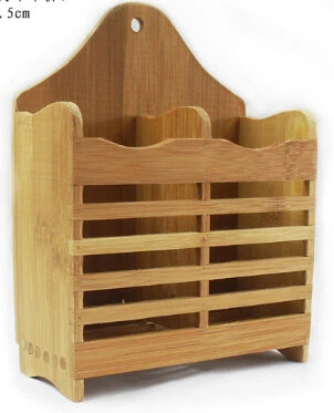 Bamboo Utensil Holder Wall Mounted Cutlery Drainer - 2-Compartment Wooden Kitchen Organizer for Chopsticks & Spoons